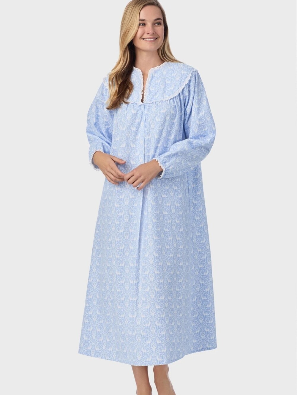Lanz Of Salzburg Blue Nordic Tyrolean Flannel Night Gown Women's XS NWT